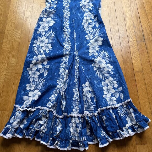 Vintage Hawaiian KY's Hawaii Size L Blue White Hibiscus Floral Ruffle Midi Dress - Picture 16 of 16
